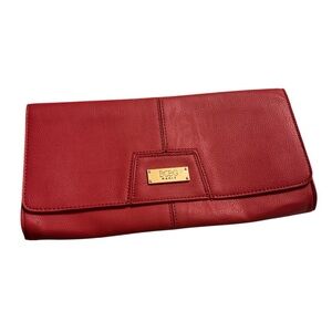 BCBG Red Faux Leather Fold-Over Clutch with Gold Logo Plaque